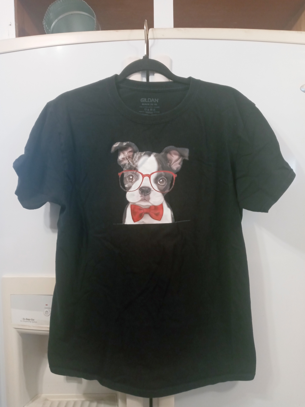 Gildan Black Tee with Dog Graphic Featuring Red Glasses and Bow Tie